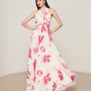 Vestito lungo floreale - Bianco con fantasia floreale rosa fronte